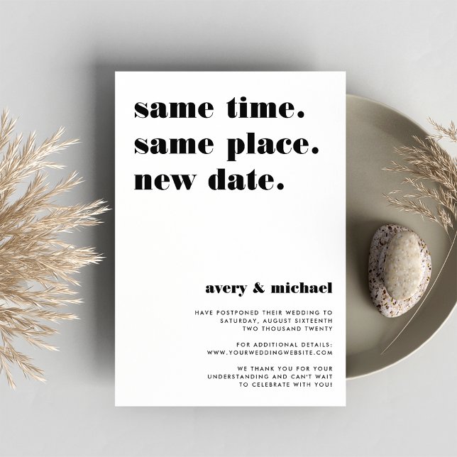 Negro | Moderna Invitación de postergación de Boda (Subido por el creador)