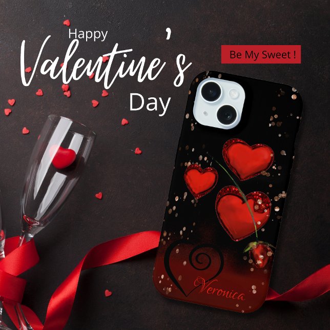 Negro moderno con corazones rojos (Modern Black with Red Hearts iPhone 15 Case)