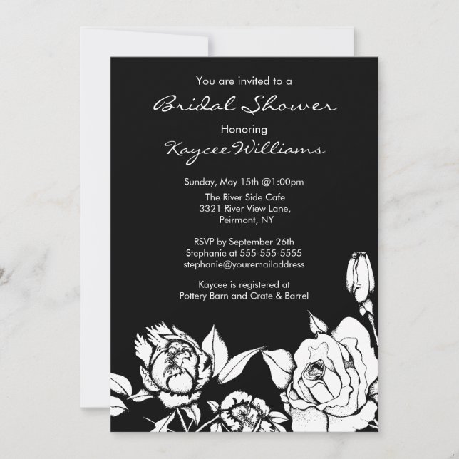 Negro nupcial floral elegante de la invitación de (Anverso)