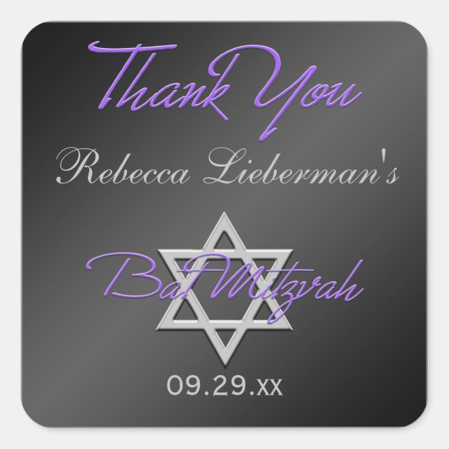 Negro, Plata, Morado 1.5" Sq. Bat Mitzvah Pegatina (Anverso)