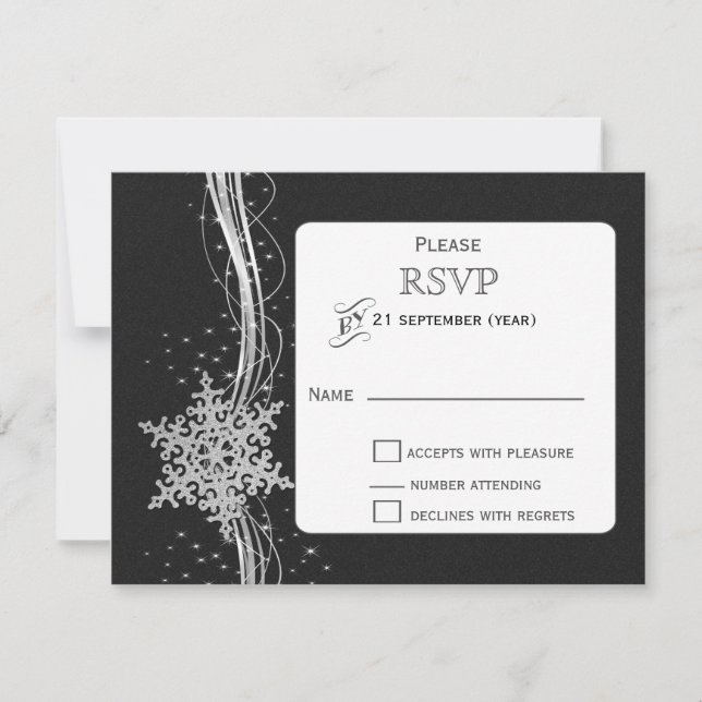 negro Silver Snowflakes Wind Wedding RSVP (Anverso)