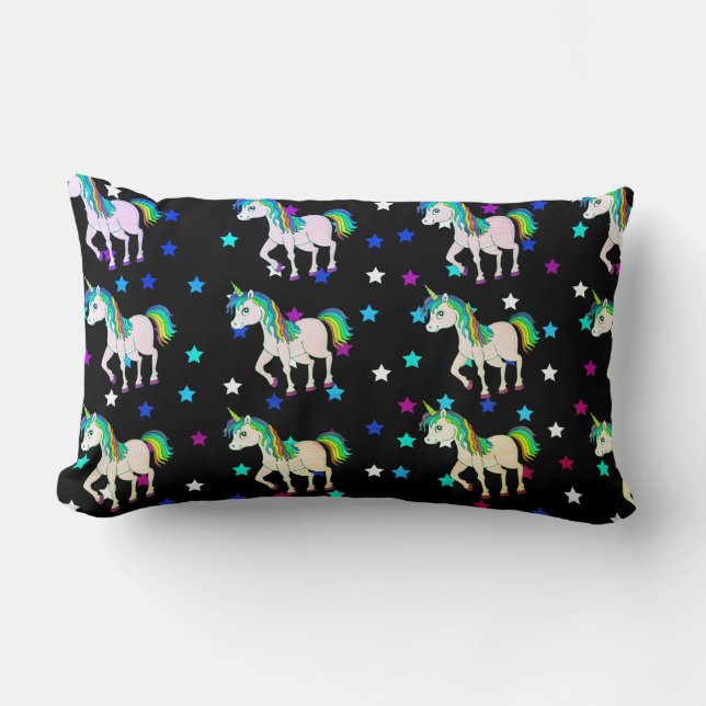 Negro Unicornio y estrella Imprimir almohada lumba (Anverso)
