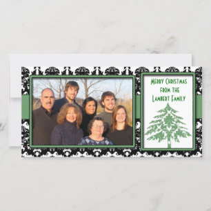 Negro y blanco Damask Green Tree Feliz Navidad