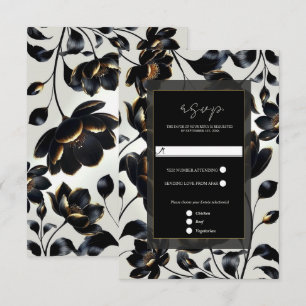 Negro y dorado floral beige elegante RSVP de boda
