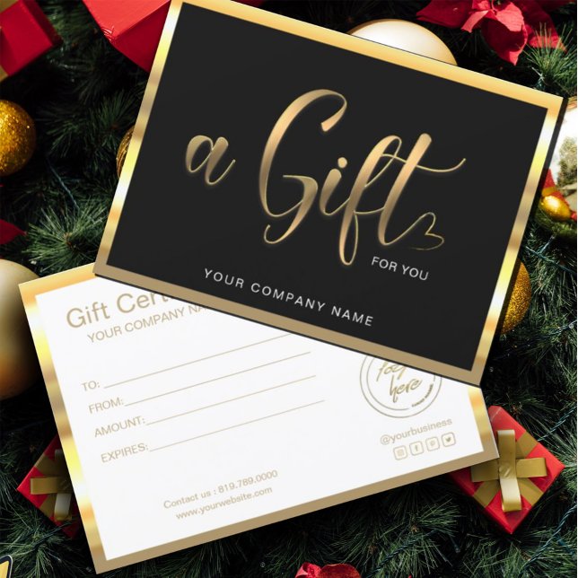Negro Y Oro Modernos | Certificado de regalo de lo (elegant gift certificate features a dark black background, with gold handwritten script typography.)