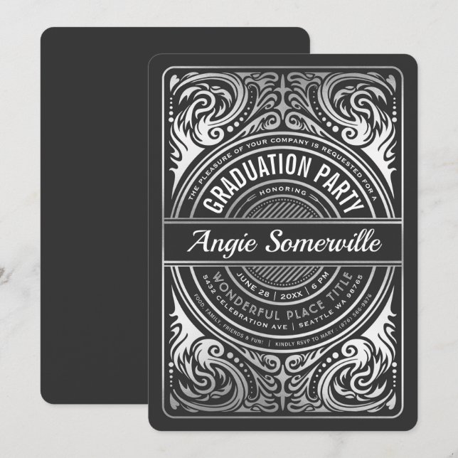 Negro y plata de las invitaciones de la fiesta de (Anverso / Reverso)