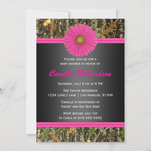 Negro y rosa, Camo, Chica Invitación a Baby Shower (Anverso)