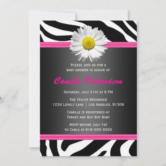 Negro y rosa, cebra, Chica Invitación a Baby Showe (Anverso)