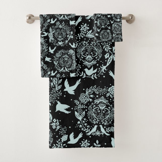 Negro y verde menta floral y pájaros (In situ)