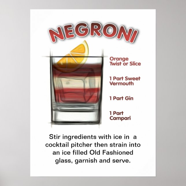 NEGRONI 18" x 24" Receta de cóctel Poster de arte (Frente)