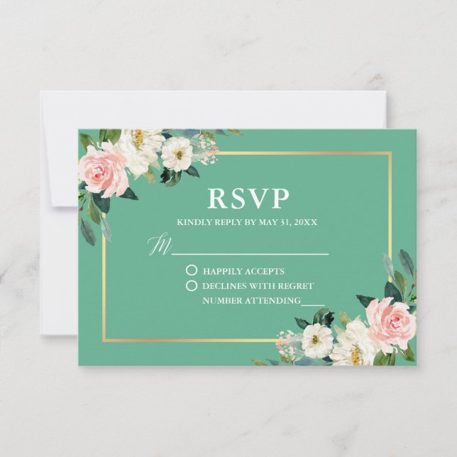 Neo Mint Pink White Floral Gold Wedding RSVP (Anverso)