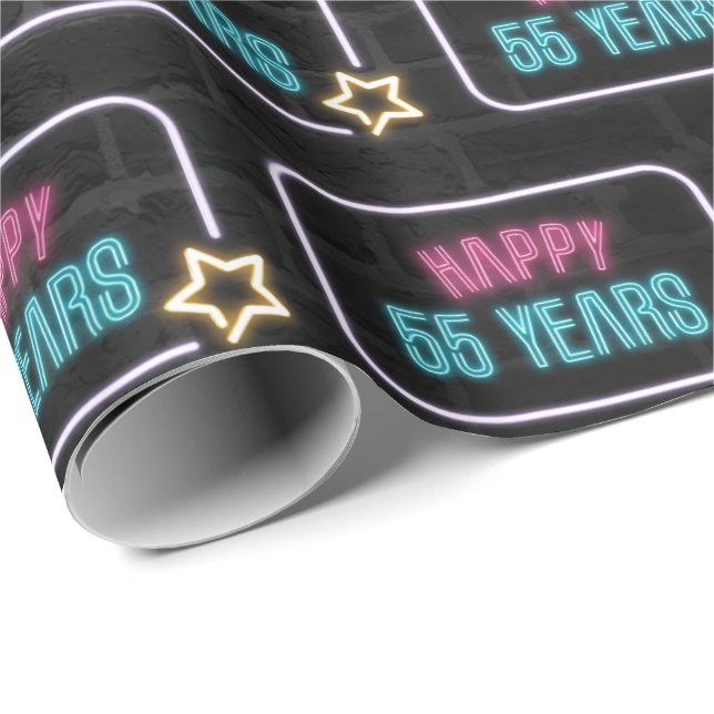Neon 55th Birthday Marquee En Papel De Envoltura D (Esquina del rollo)