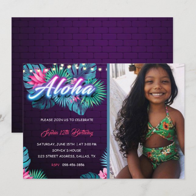 Neon Aloha Tropical Birthday con invitación fotogr (Anverso / Reverso)