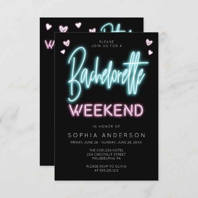 Neon Bachelorette Weekend Invitación Itinerario (Anverso / Reverso)