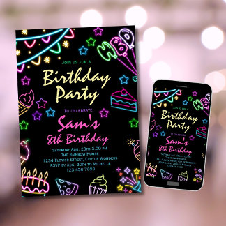 Neon Birthday Invitación Chicas Neon Glow Fiesta