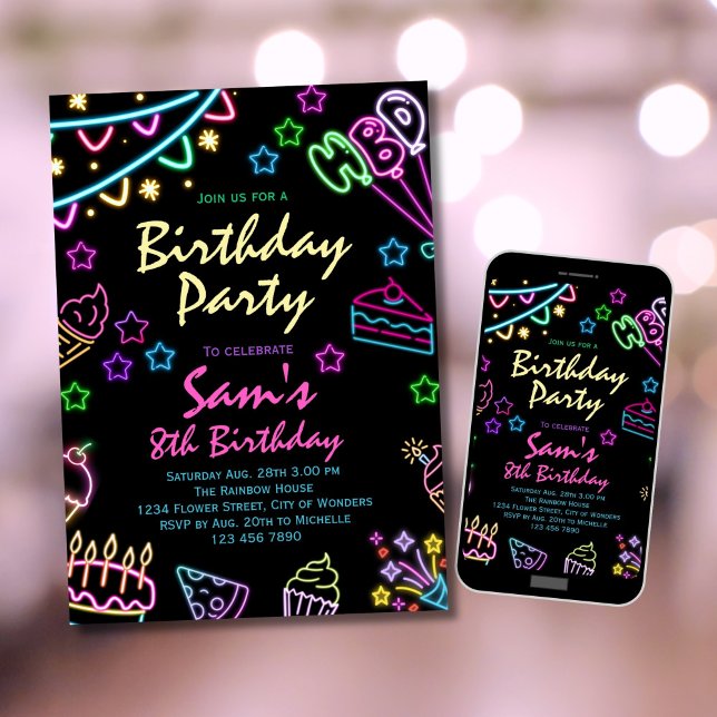 Neon Birthday Invitación Chicas Neon Glow Fiesta (Subido por el creador)