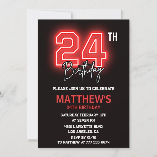 Neon Black 24th cumpleaños invitación Hombres cump (Anverso)