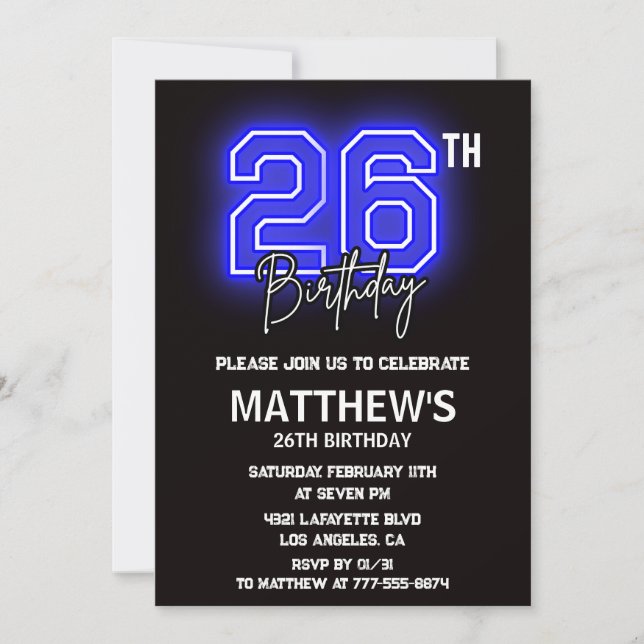 Neon Black 26 invitaciones de cumpleaños Men Sport (Anverso)
