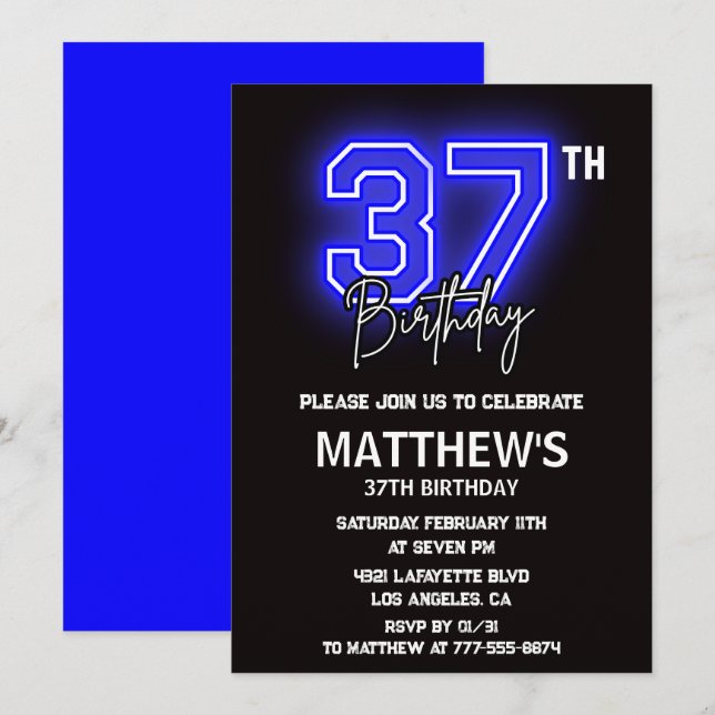 Neon Black 37 invitaciones de cumpleaños Men Sport (Anverso / Reverso)