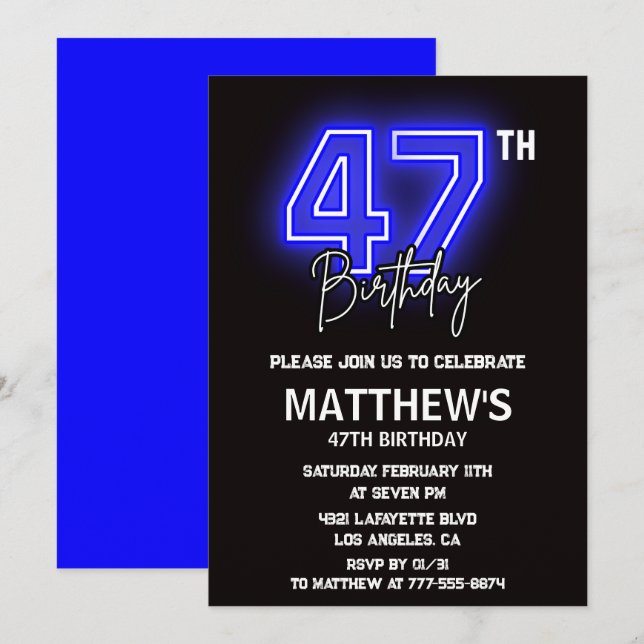 Neon Black 47th cumpleaños invitaciones Men Sport (Anverso / Reverso)