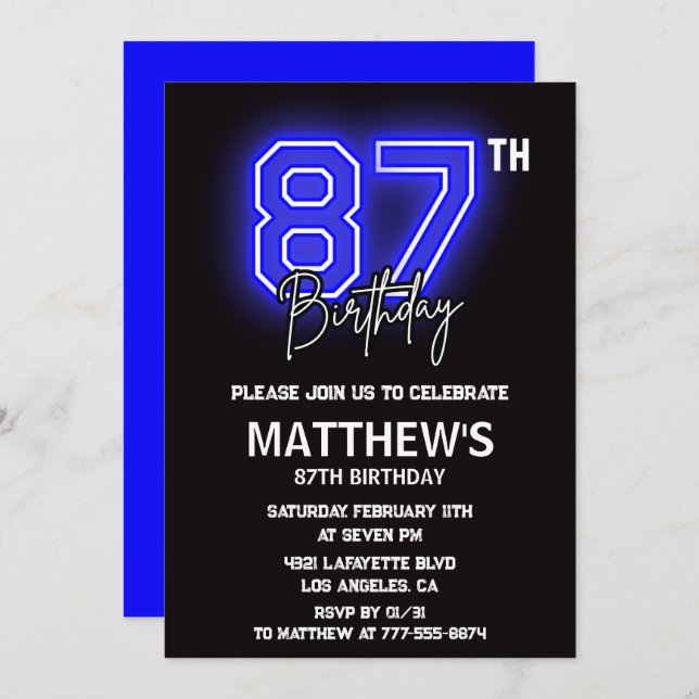 Neon Black 87th cumpleaños invitaciones Men Sport (Anverso / Reverso)
