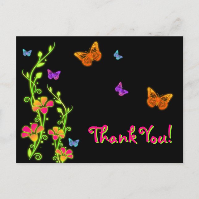 Neon Butterflies & Flowers Gracias Tarjeta Post (Anverso)