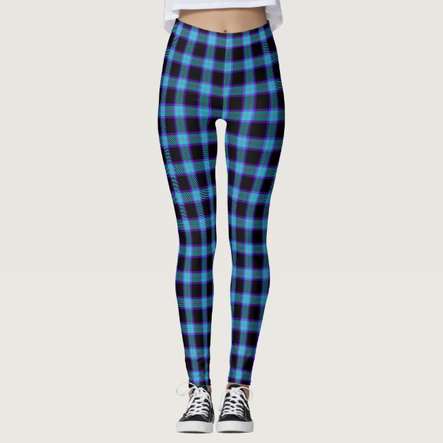 Neon Cerulean Blue Plaid Leggings Punk Gótico Emo (Anverso)