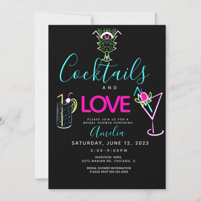 Neon Cocktails Art Bridal Shower Invitación (Anverso)