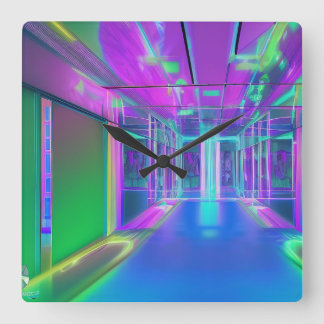Neon colorido reloj cuadrado en la pared.