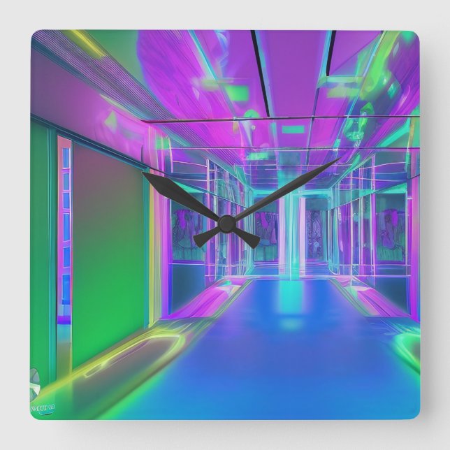 Neon colorido reloj cuadrado en la pared. (Anverso)