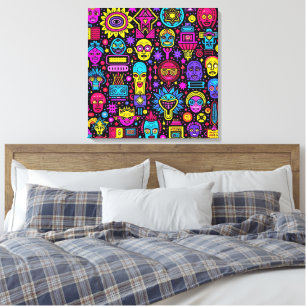 Neon Doodle Faces - Vibrante patrón de arte callej