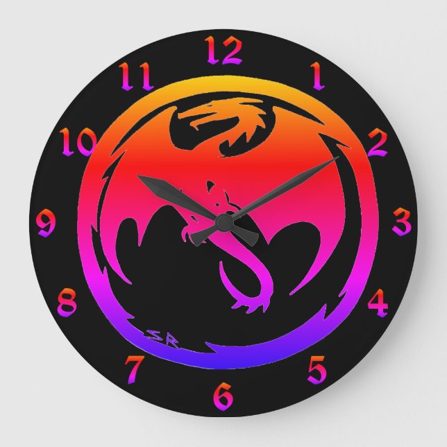 Neon Dragon reloj de pared negra con números (Anverso)