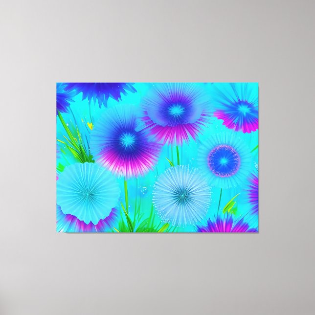 Neon Floral Blue Purple Flowers Lienzo envuelto (Anverso)