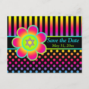 Neon Floral Stripes Bat Mitzvah Guardar tarjeta de