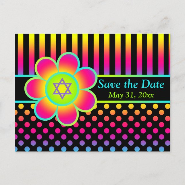 Neon Floral Stripes Bat Mitzvah Guardar tarjeta de (Anverso)