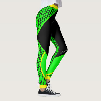 Neon Gelb Schwarz Grüne Punkte Streifen Leggings