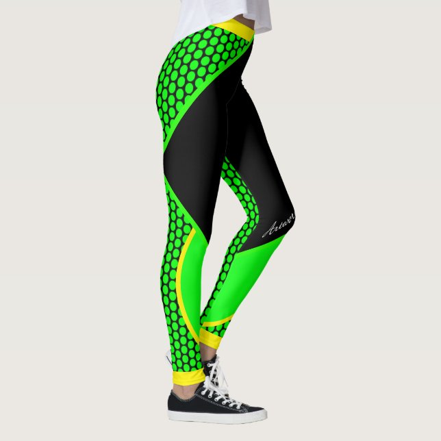 Neon Gelb Schwarz Grüne Punkte Streifen Leggings (Derecha)