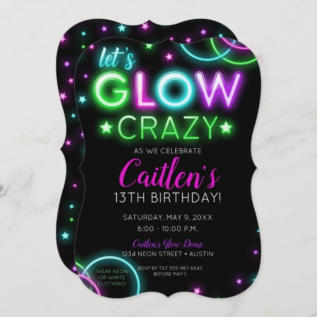 Neon Glow Crazy Chica Fiesta Invitación al cumplea (Anverso / Reverso)