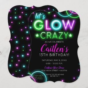 Neon Glow Crazy Chica Fiesta Invitación al cumplea