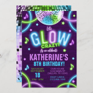 Neon Glow en la invitación a la fiesta de cumpleañ