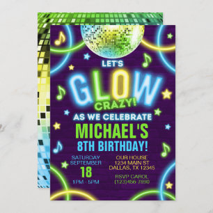 Neon Glow en la invitación a la fiesta de cumpleañ