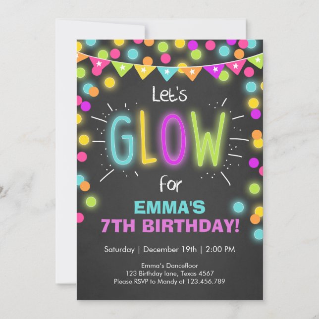 Neon Glow en la invitación del cumpleaños oscuro (Anverso)
