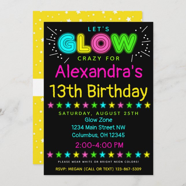 Neon Glow en la invitación del Fiesta de cumpleaño (Anverso / Reverso)