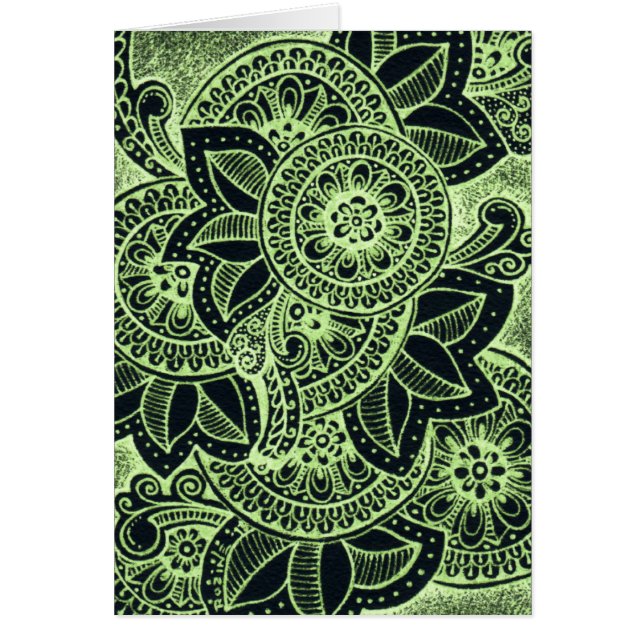 Neon Green Black Damask India Mandala Blank Inside (Frente)