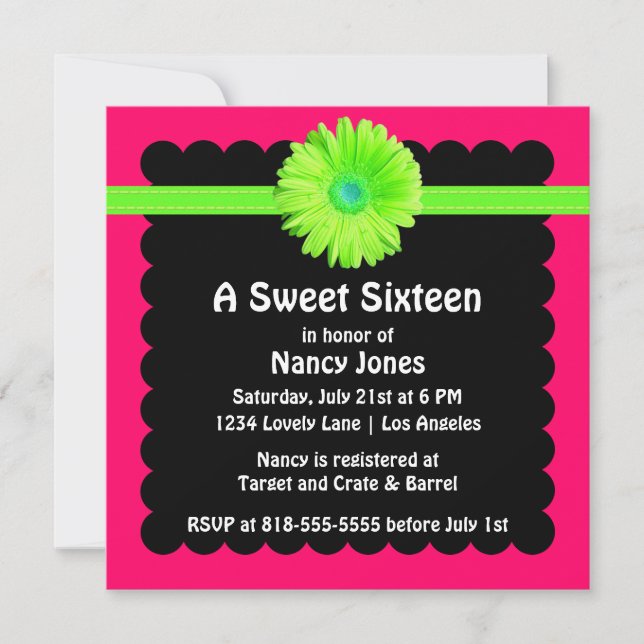 Neon Green y Pink Sweet 16 Invitaciones (Anverso)