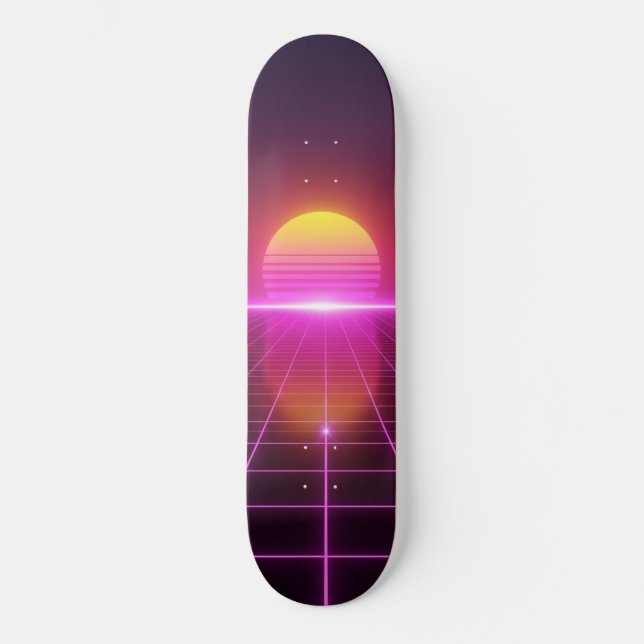Neón Grid Atardecer Synthwave Skateboard (Anverso)