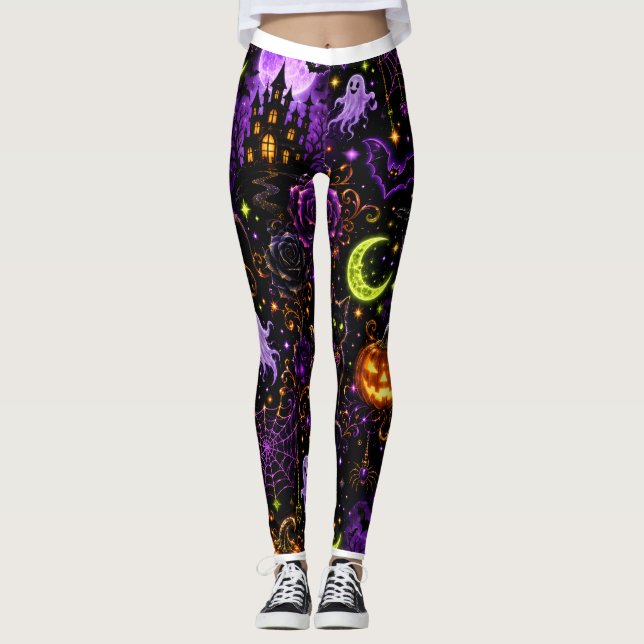 Neon Halloween Black Cat and Ghost Leggings (Anverso)
