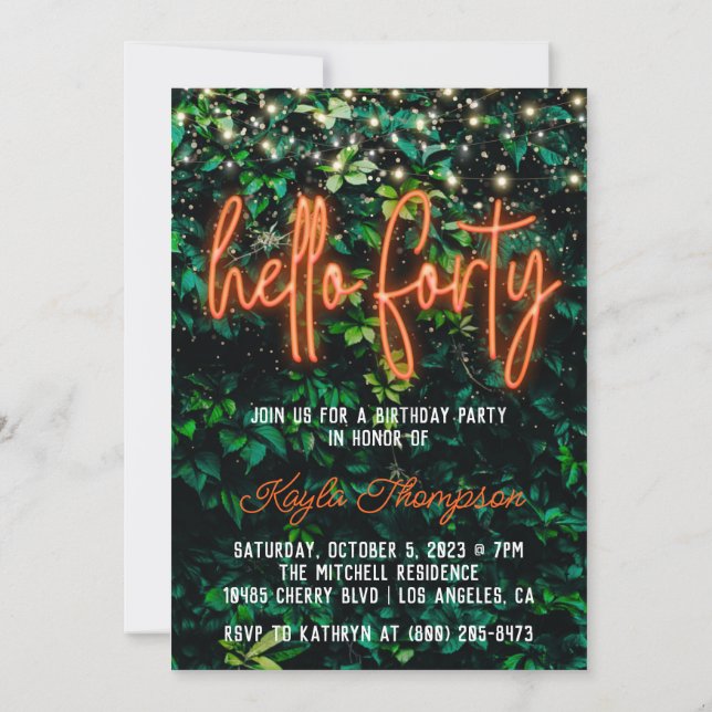 Neon Hello 40.ª Invitación a la fiesta de cumpleañ (Reverso)
