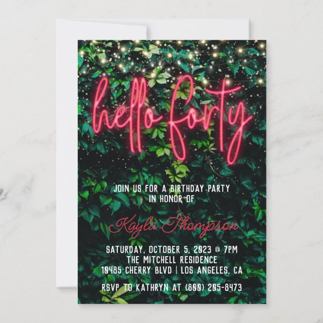 Neon Hello 40.ª Invitación a la fiesta de cumpleañ (Reverso)