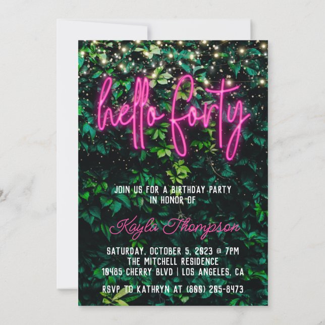 Neon Hello 40.ª Invitación a la fiesta de cumpleañ (Reverso)